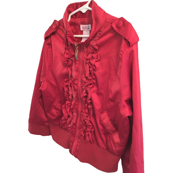 VTG MADRAG Full Zip Ruffled Bomber Jacket in Red SZ 6/7 - Picture 2 of 6